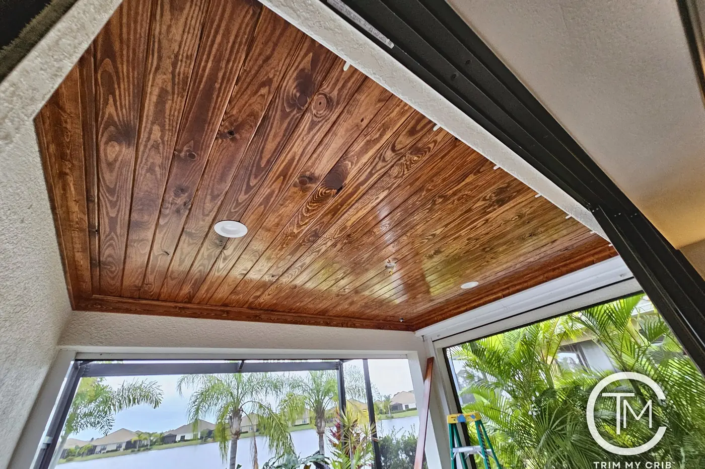 Stained wood lanai ceiling with a stepped edge framing a view of palms and the lake